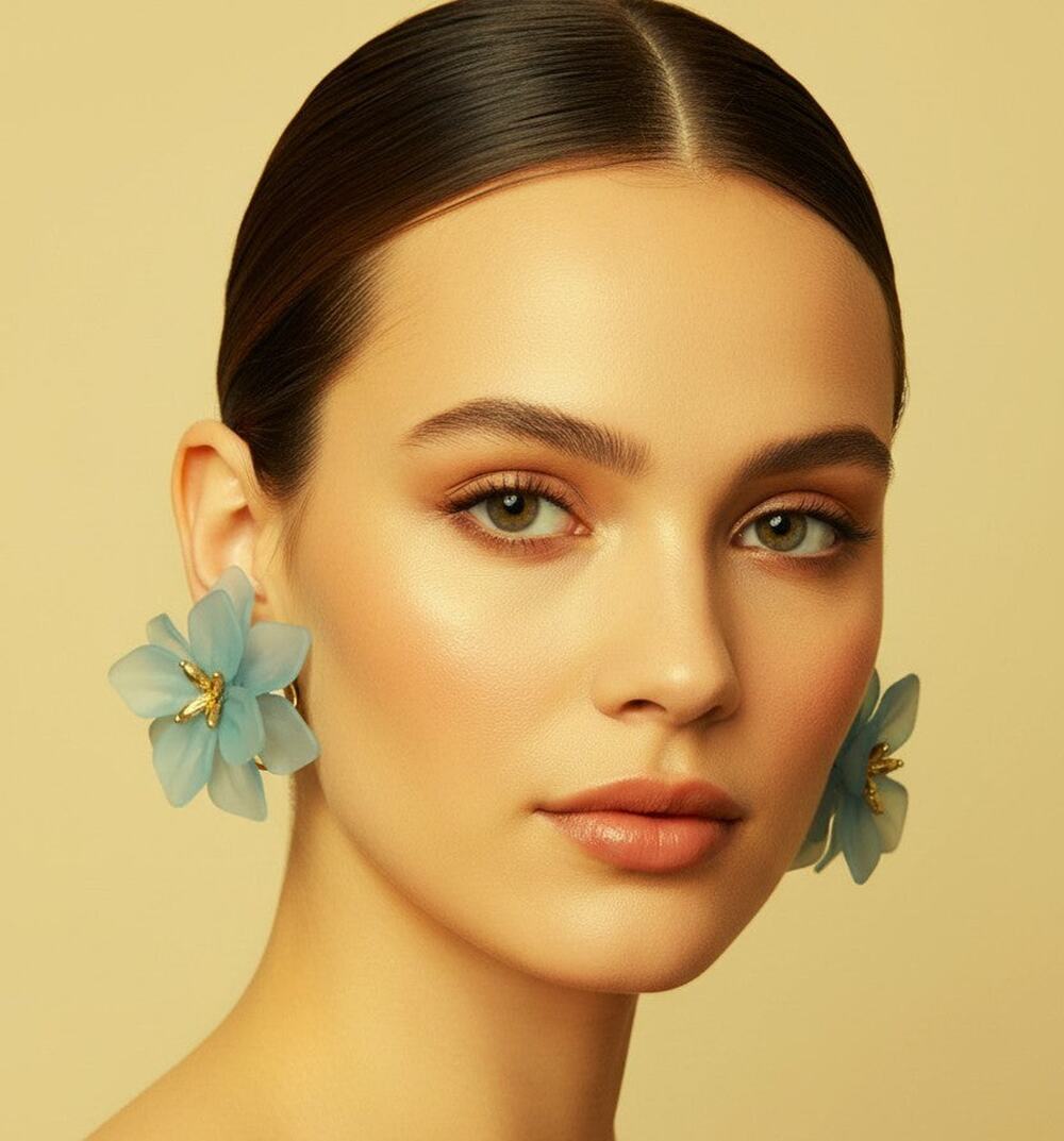 Clip on 2 1/2" XL gold and blue plastic flower button style earrings